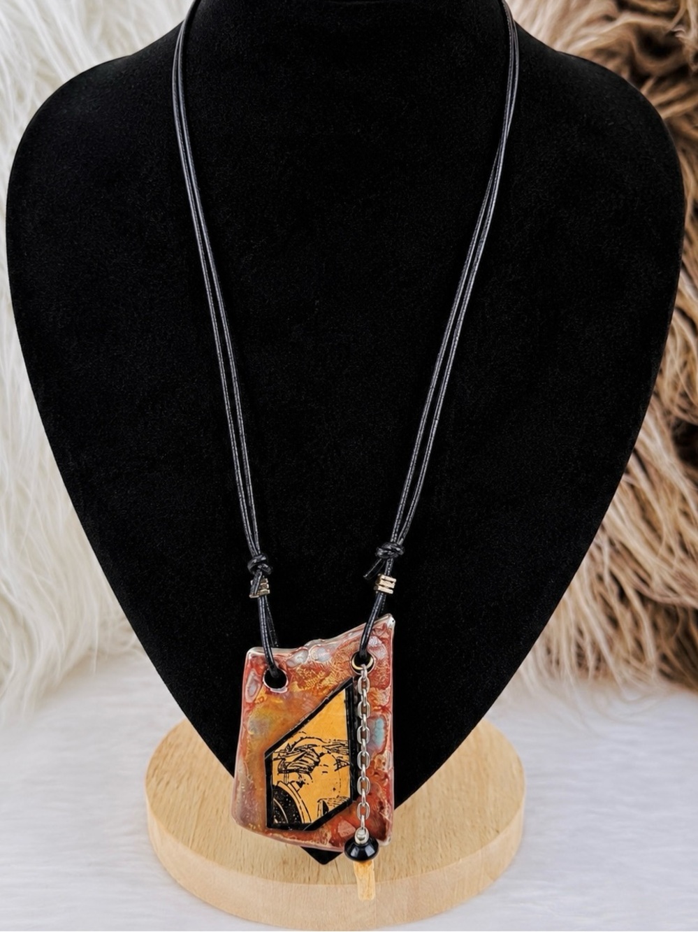 Vintage Asian inspired large stone pendant, adjustable black rope necklace